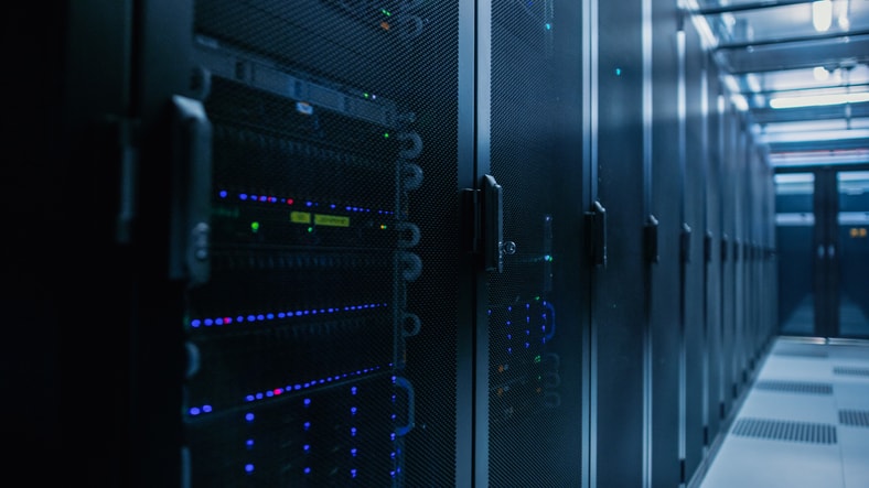 Close-up Shot of Data Center With Rows of Fully Operational Server Racks. Concept of Telecommunications, Cloud Computing, Artificial Intelligence, Database, Supercomputer Technology.